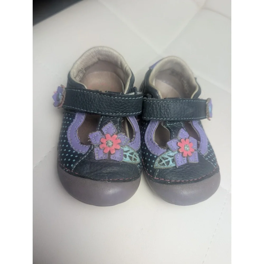 Stride Rite Toddler Girls Leather Floral Mary Jane Shoes Purple Hook & Loop Sz 5
